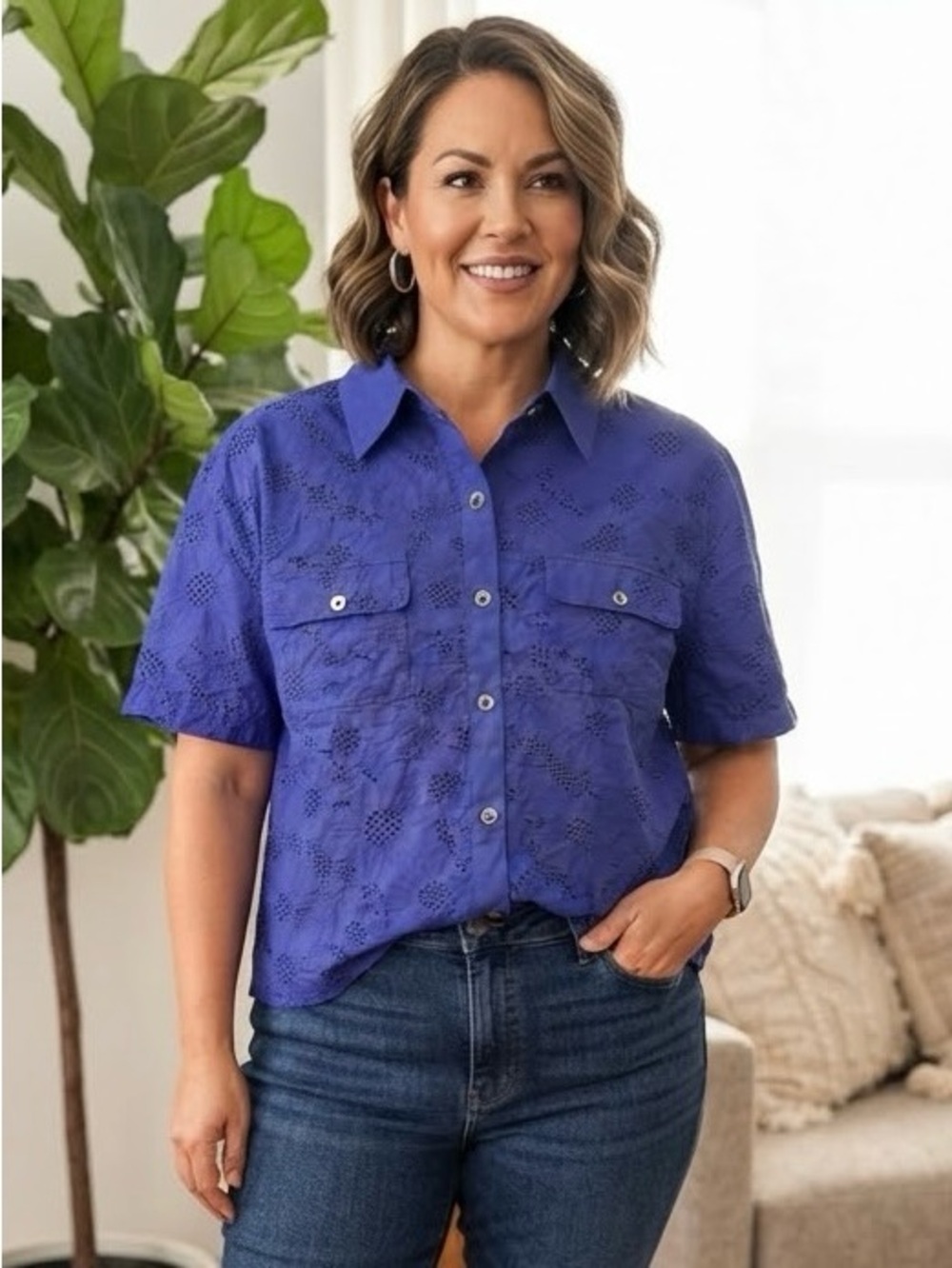 DG2 Diane Gilman Royal Blue Eyelet Floral Short Sleeve Button-Down Shirt Boho